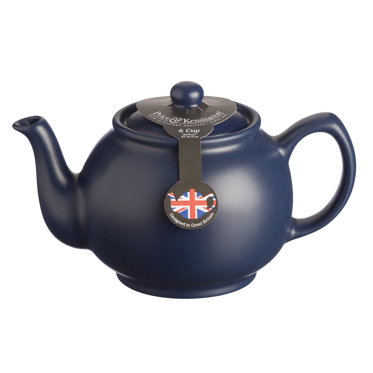 Blue P & K Kensington Teekanne teapot with handle and spout, featuring a sleek ceramic design and a glossy finish.