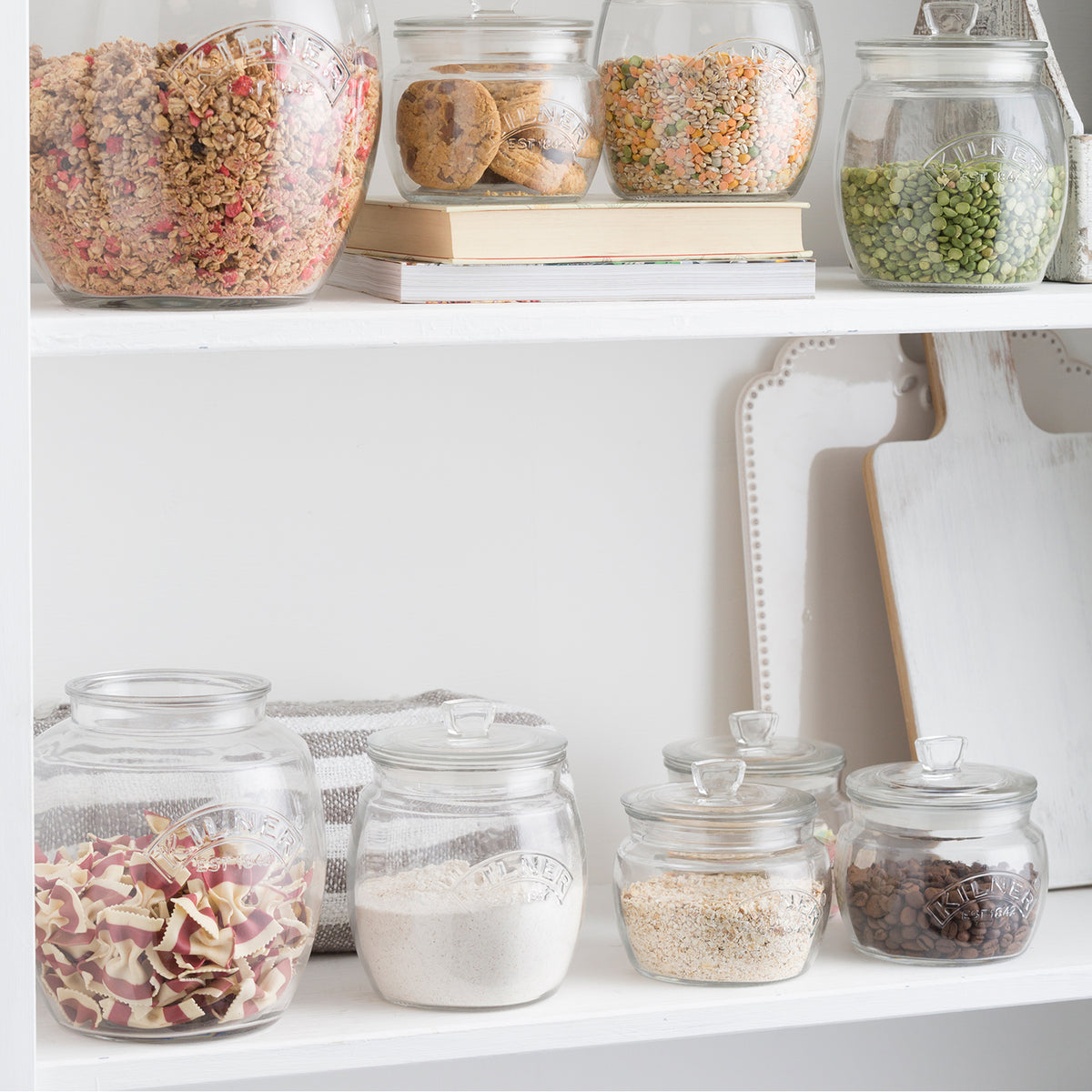 Kilner universal storage jar with a clear glass body and metal lid for storing dry goods or kitchen essentials.
