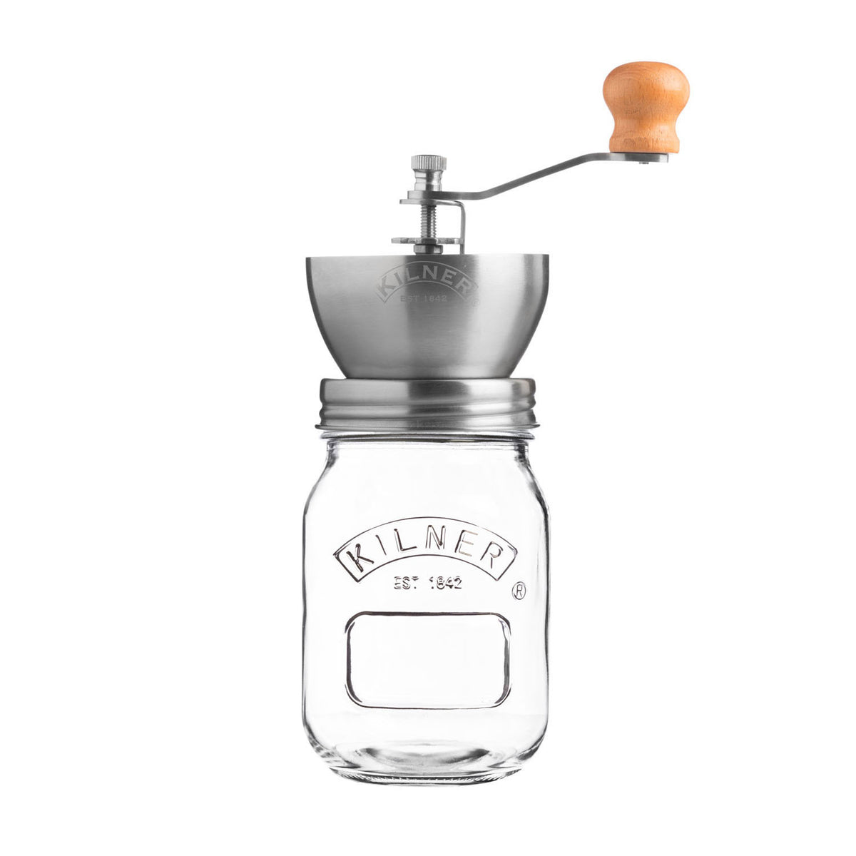 KILNER manual coffee grinder with crank handle and clear glass body, 500 ml capacity, showing the grinding mechanism inside.