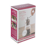 KILNER manual coffee grinder with crank, clear glass body, 500 ml capacity, showing the grinding mechanism inside.