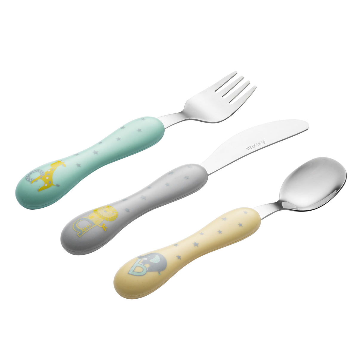 VINERS baby Kinderbesteck set in stainless steel with three pieces, designed for young children learning to eat.