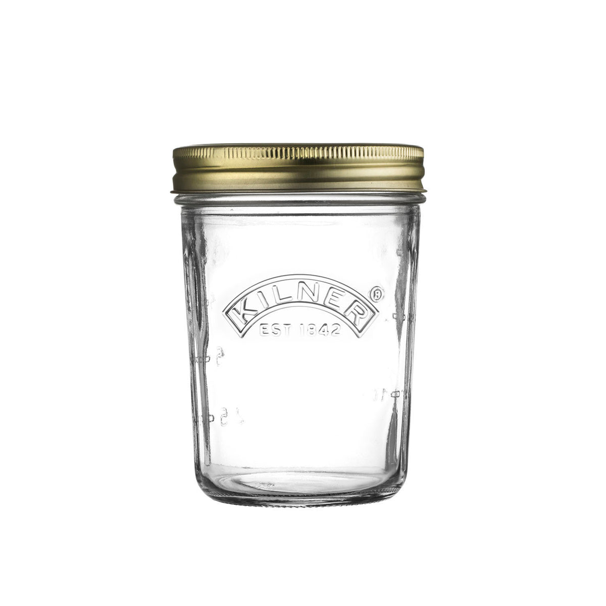 Clear Kilner wide-mouth canning jar with glass lid, ideal for preserving fruits and vegetables.