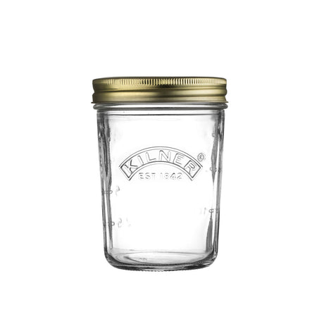Clear Kilner wide-mouth canning jar with glass lid, ideal for preserving fruits and vegetables.
