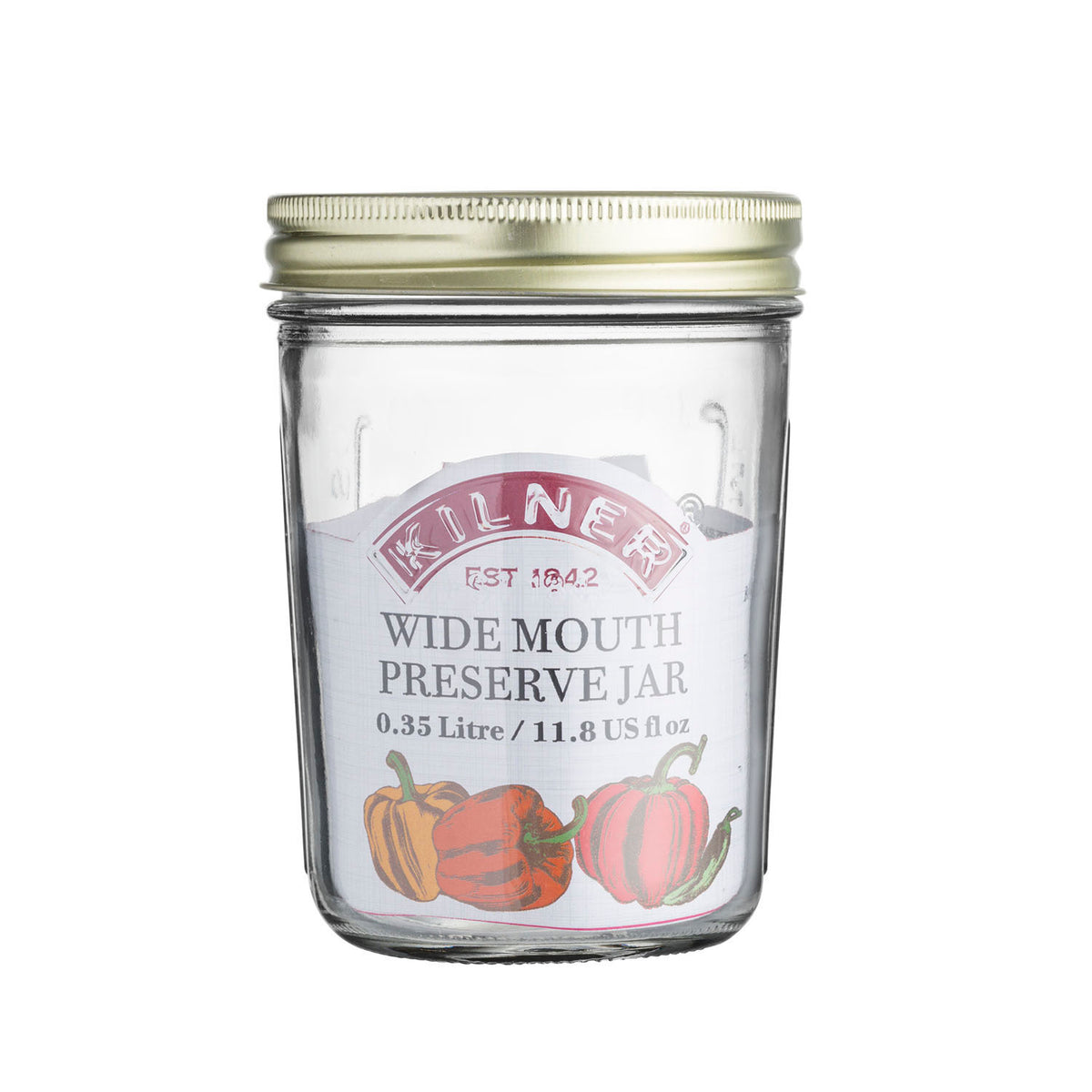 Clear KILNER Einkochglas with wide mouth and metal lid, suitable for preserving fruits and jams.