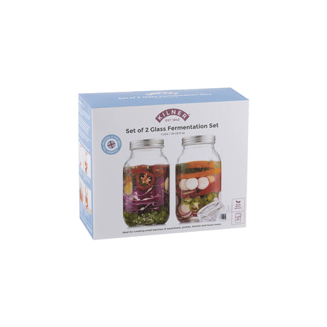 Set of two small KILNER fermenting jars, 1L each, with glass lids and metal clasps, ideal for home fermentation.