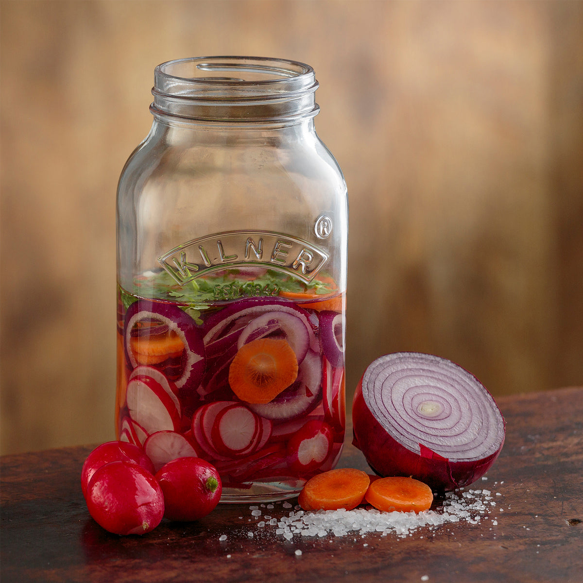 Set of two small KILNER fermenting jars, 1L each, with glass lids and airtight seals for homemade fermentation and pickling.