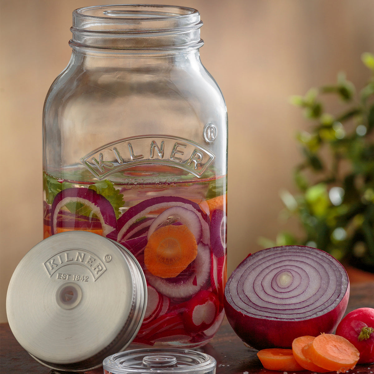 Two small KILNER fermenting jars with metal lids, each 1 liter capacity, suitable for pickling and fermentation.