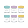 KILNER Babygläser set in clear and colorful glass, designed for storing baby food and snacks, with vibrant lids and handles.