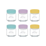 KILNER Babygläser set in clear and colorful glass, designed for storing baby food and snacks, with vibrant lids and handles.