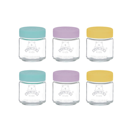 KILNER Babygläser set in clear and colorful glass, designed for storing baby food and snacks, with vibrant lids and handles.