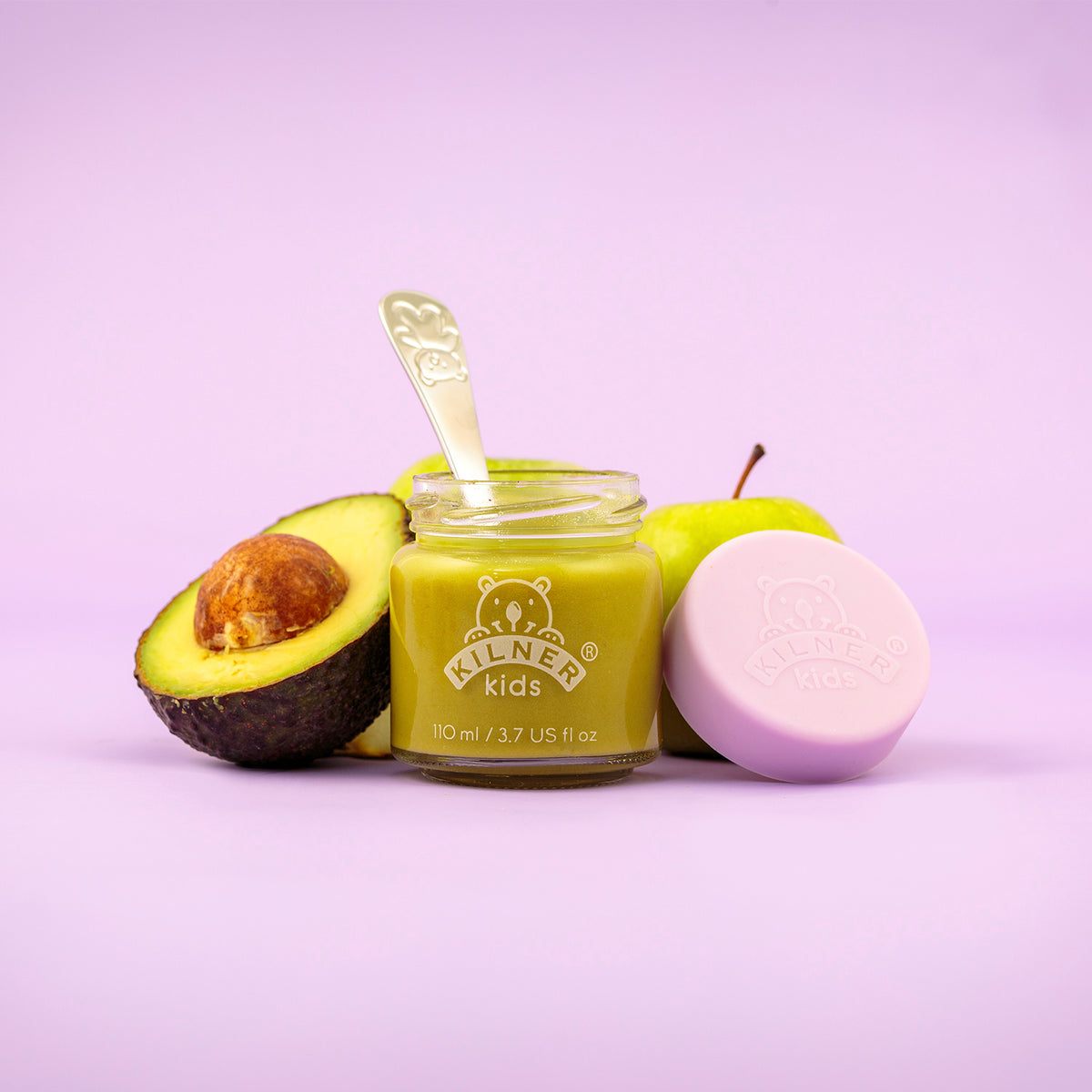 Colorful KILNER baby jars, clear and vibrant, designed for storing baby food or snacks in a fun, practical way.