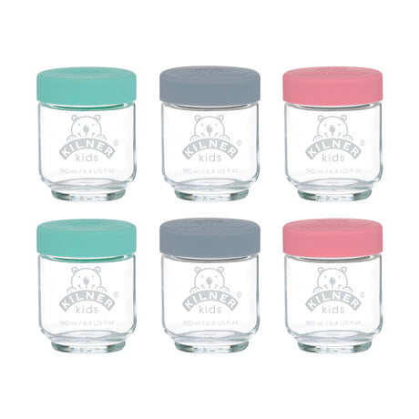 KILNER baby glass jars in clear and colorful designs, ideal for storing baby food or snacks, with secure lids.