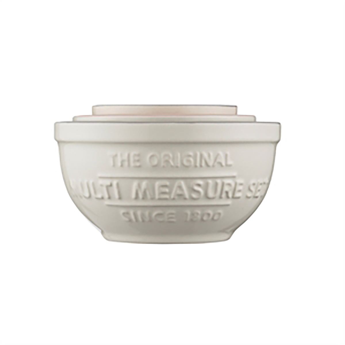 Mason Cash white 4-piece measuring cup set with clear markings, designed for precise kitchen measuring tasks.