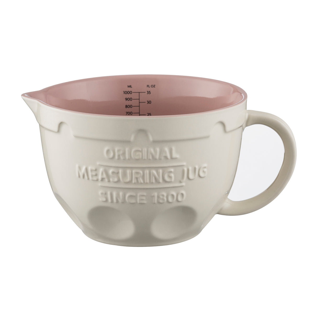 Mason Cash 1-liter stoneware mixing jug with measurement markings, sturdy handle, and classic design for baking and cooking.