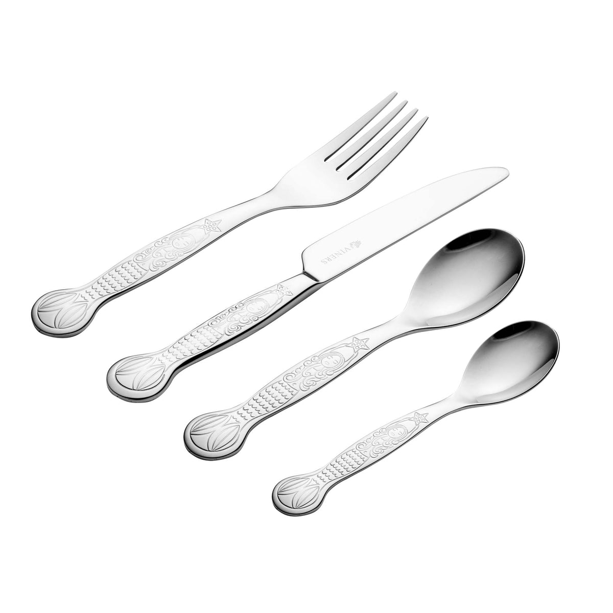 VINERS Kinderbesteck set with three stainless steel utensils, designed for children, featuring colorful handles for easy use.