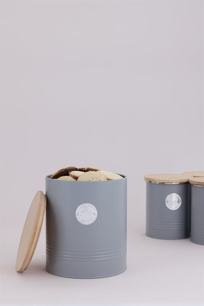 TYPHOON Vorratsbehälter in pastellgrau with a clear lid, designed for kitchen storage and organization.