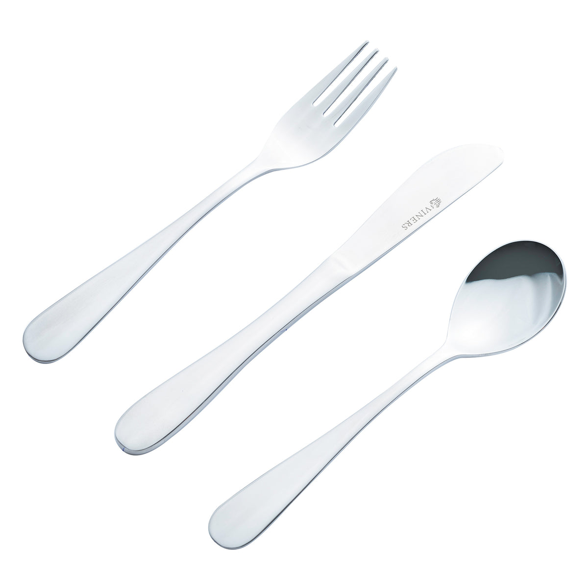 VINERS Kinderbesteck set with three stainless steel utensils, designed for children, featuring colorful handles and ergonomic shapes.