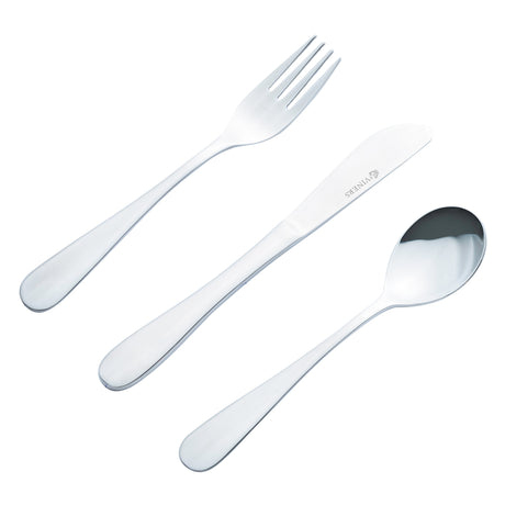 VINERS Kinderbesteck set with three stainless steel utensils, designed for children, featuring colorful handles and ergonomic shapes.