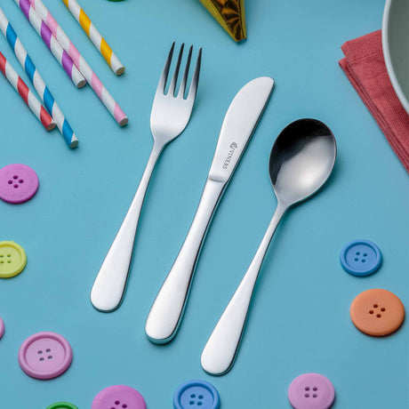 Set of three VINERS stainless steel kids' cutlery with colorful handles, designed for children’s mealtime.