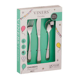 VINERS Kinderbesteck 3er-Set in Edelstahl, child-friendly utensils with colorful handles for kids' meals and learning to eat.