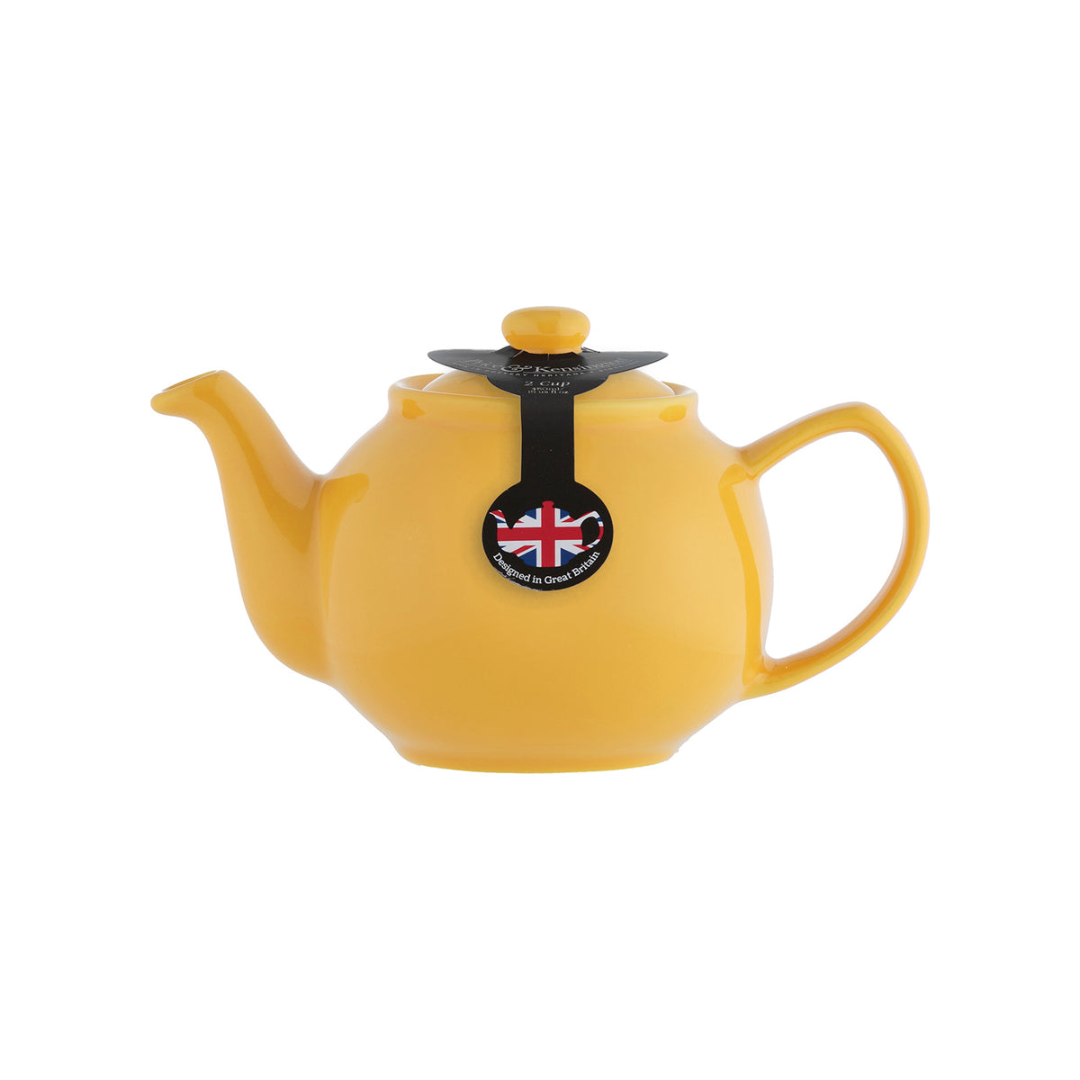 Bright yellow P & K Teekanne kettle with a sleek design, featuring a curved handle and spout, on a plain background.