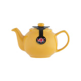 Bright yellow P & K Teekanne kettle with a sleek design, featuring a curved handle and spout, on a plain background.