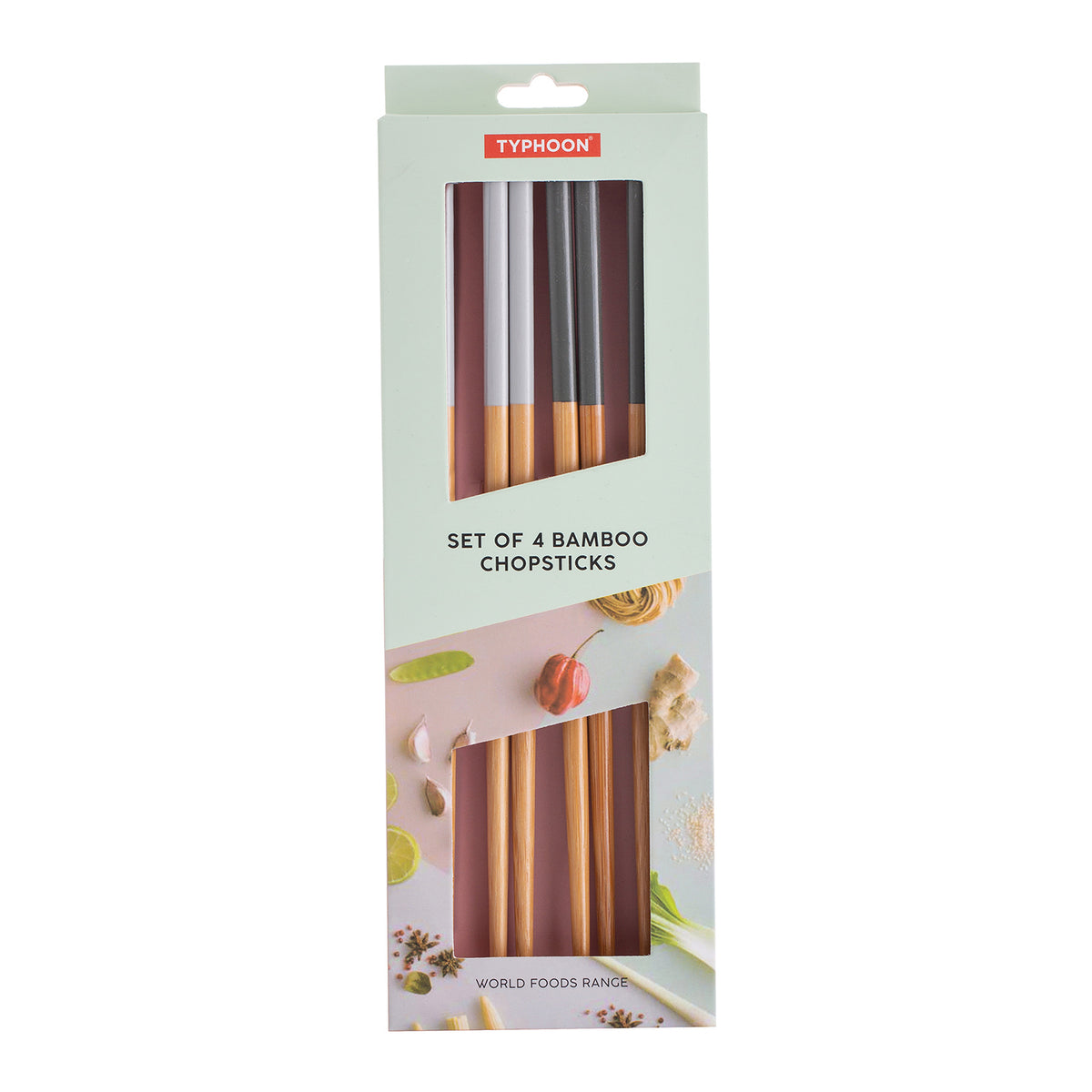 Set of four wooden TYPHOON Asian-style chopsticks for eating, traditional bamboo utensils for Asian cuisine.