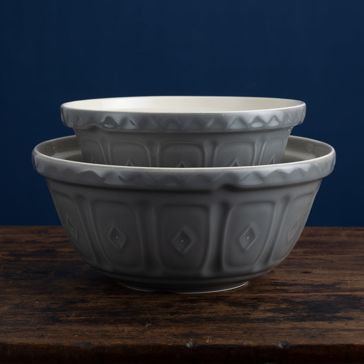 Gray Mason Cash mixing bowl with a smooth, rounded design, ideal for baking and food preparation.