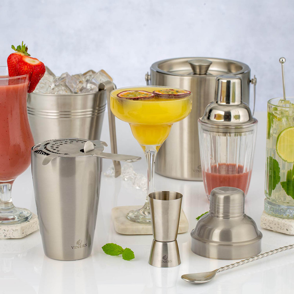 VINERS stainless steel cocktail shaker with a sleek silver finish, designed for professional bartending and home mixology.