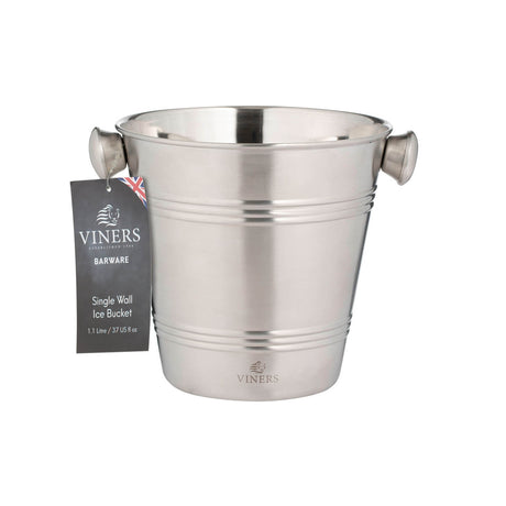 VINERS stainless steel ice bucket in silver with a sleek, modern design for chilling beverages.