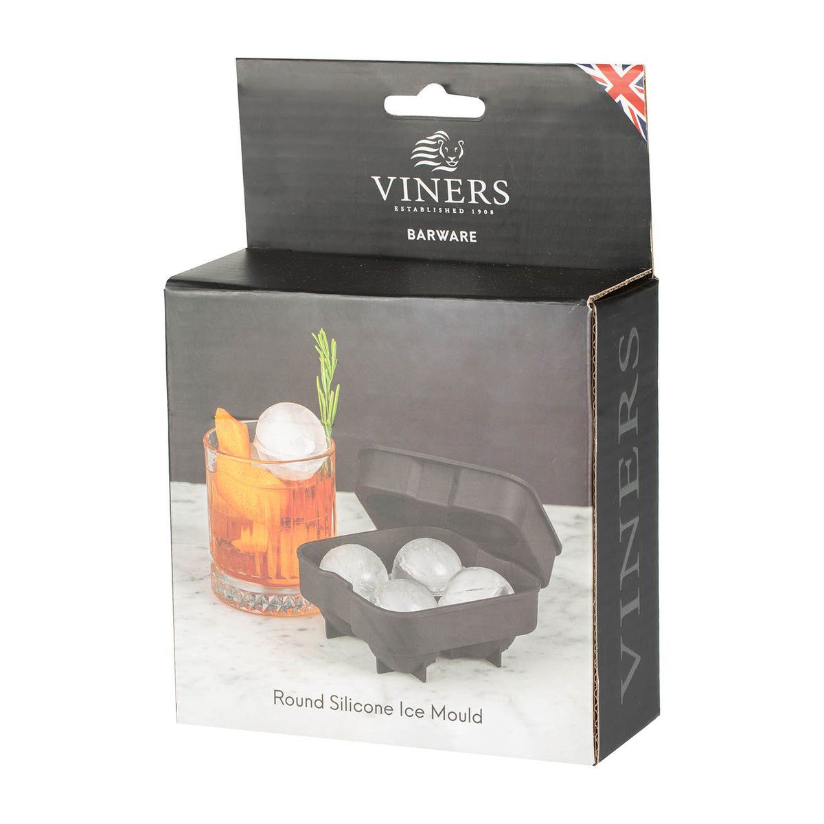 Black VINERS ice ball mold for making spherical ice cubes, shown in a close-up image.