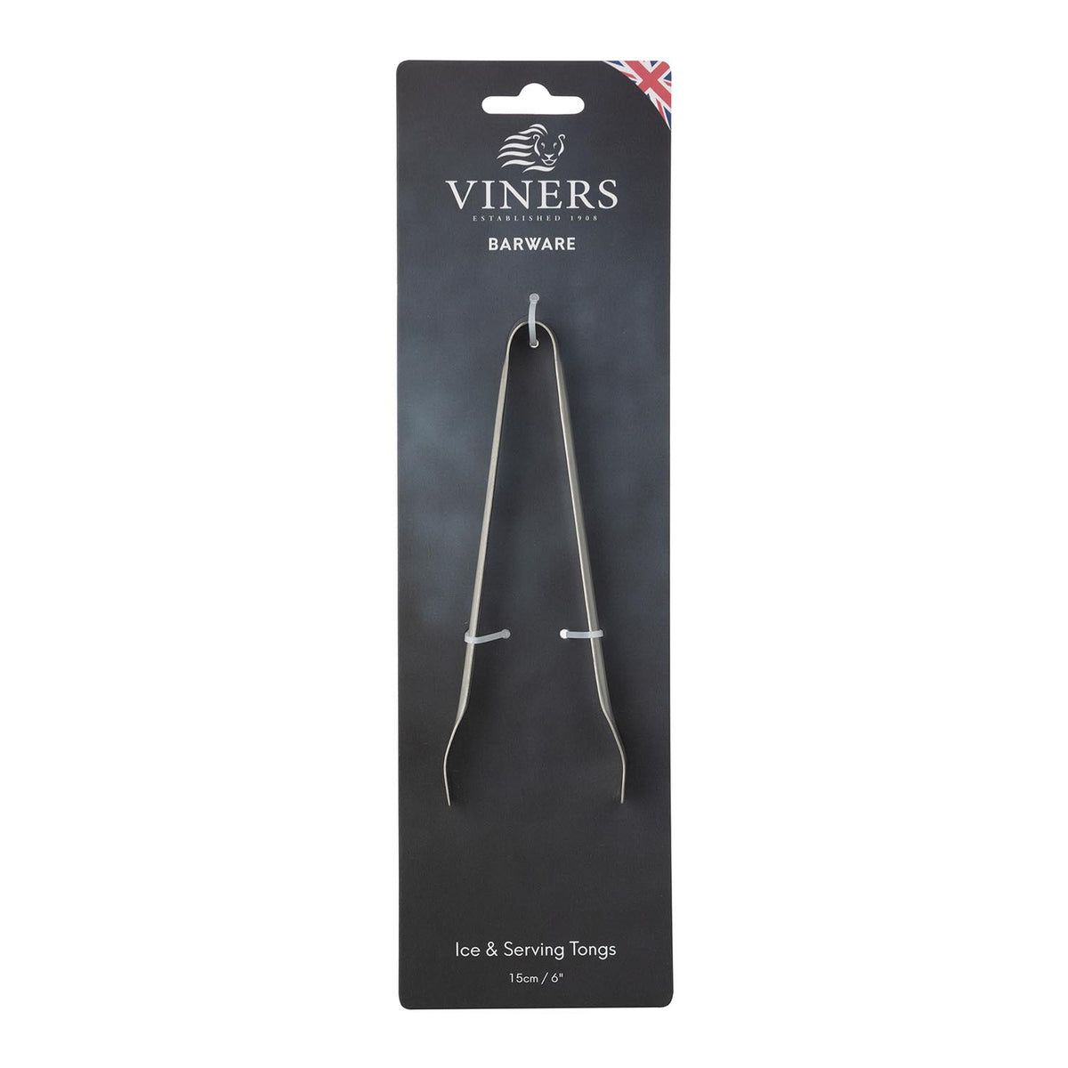 Silver VINERS stainless steel ice tongs with a sleek, ergonomic design for easy ice handling.
