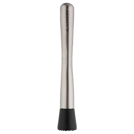 VINERS stainless steel cocktail muddler with a sleek silver finish, designed for crushing herbs and fruit in cocktails.