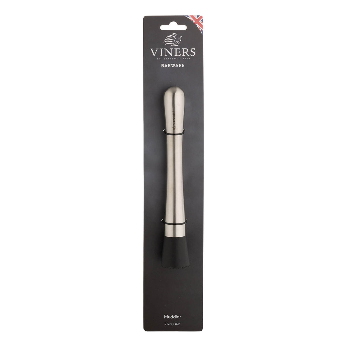 VINERS stainless steel cocktail muddler with a sleek silver finish, designed for crushing herbs and fruits in cocktails.