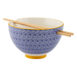 TYPHOON blue Asian noodle bowl with chopsticks, round ceramic dish with diameter, traditional tableware for Asian cuisine.