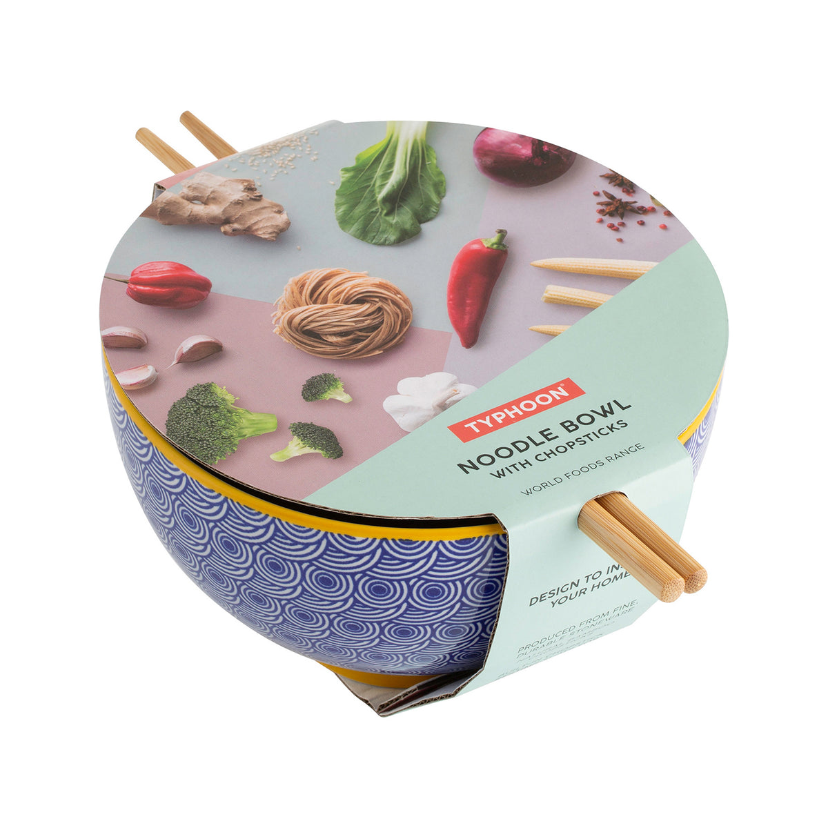 Blue TYPHOON noodle bowl with chopsticks, Asian style, round with diameter visible in the image.