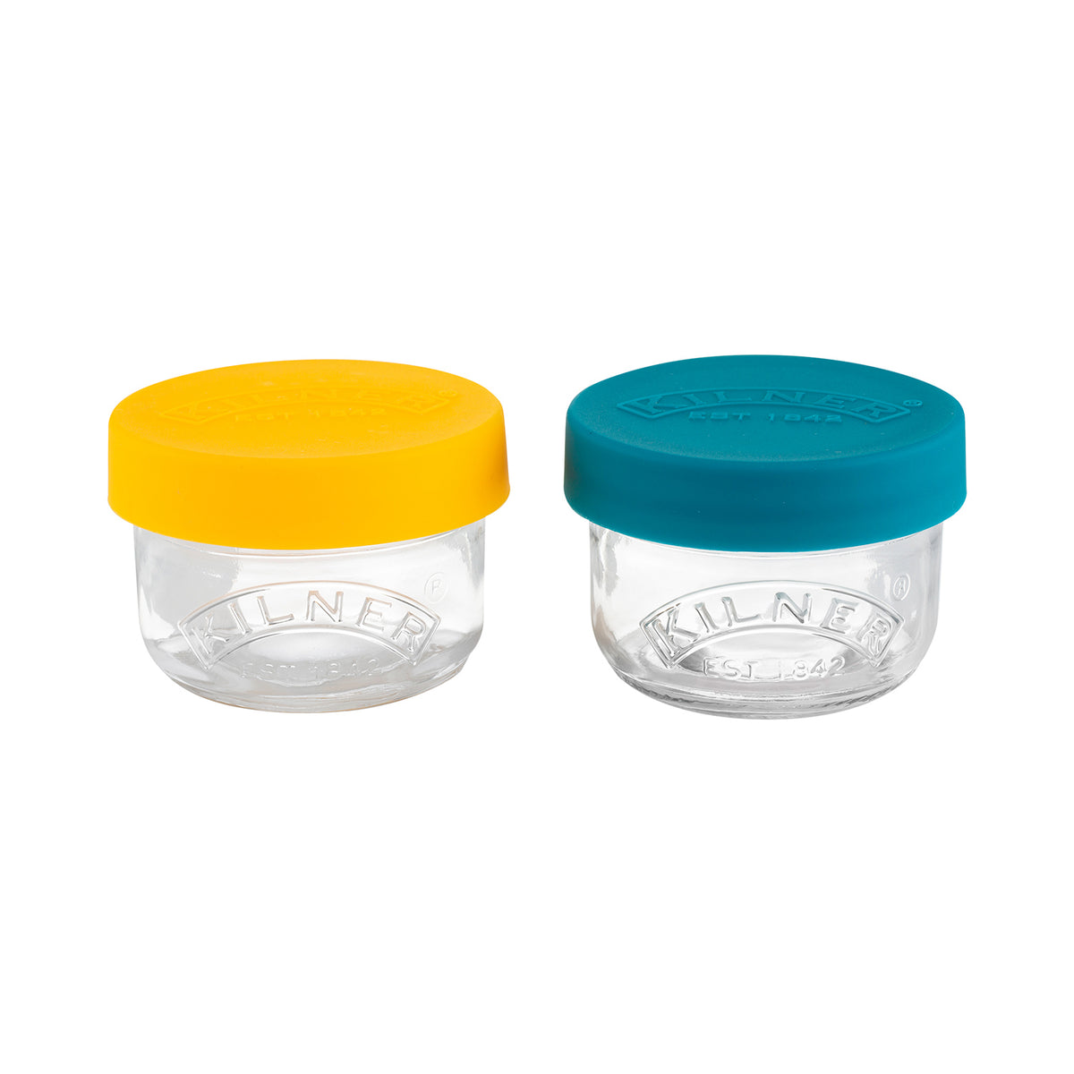 KILNER baby glass jars in clear and colorful designs, ideal for storing small baby items or snacks.