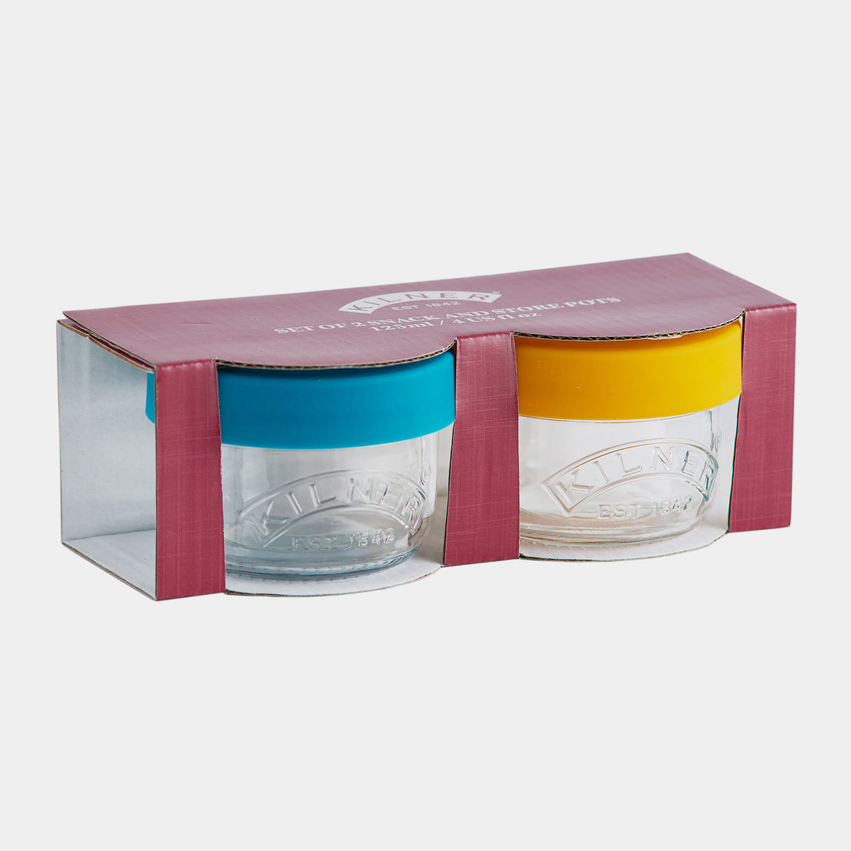 KILNER baby glass jars in clear and colorful designs, ideal for storing baby food or snacks, with vibrant patterns.