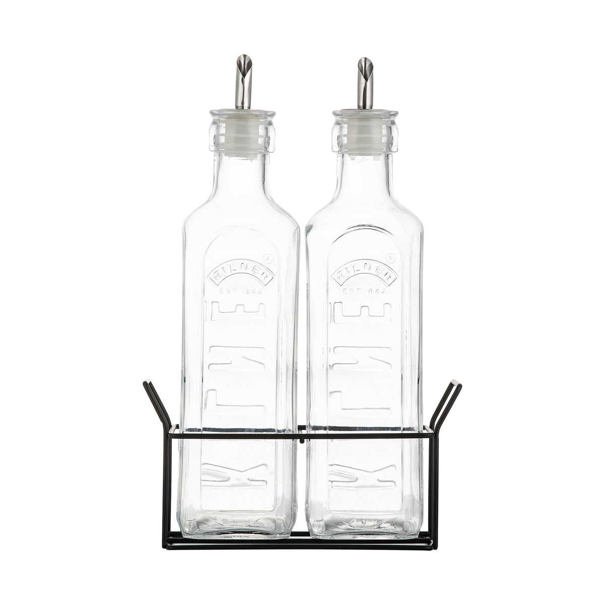 KILNER clear oil and vinegar bottles set with glass bottles and metal pour spouts for kitchen storage.