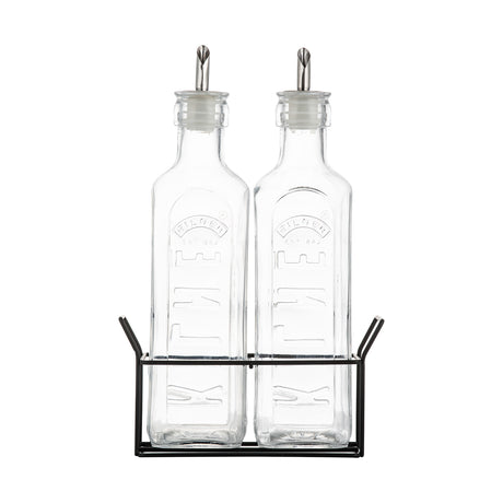 KILNER clear oil and vinegar bottles set with glass bottles and metal pour spouts for kitchen storage.