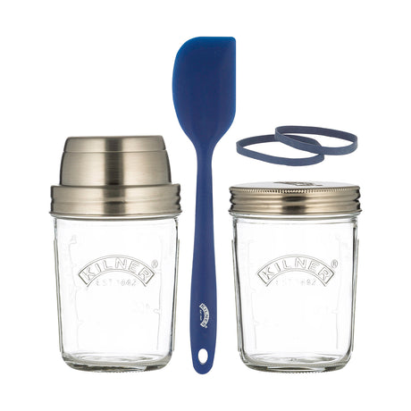 KILNER sourdough starter kit with clear 500ml jar, includes ingredients and tools for making homemade sourdough bread.