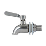 KILNER stainless steel tap for beverage dispensers, shown attached to a clear glass drink jug.