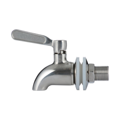 KILNER stainless steel tap for beverage dispensers, shown attached to a clear glass drink jug.