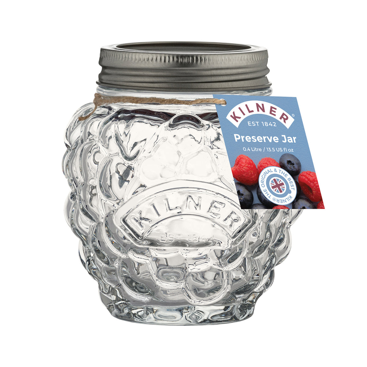 Transparent KILNER marmalade jar with screw-top lid, clear glass container for storing jams and preserves.