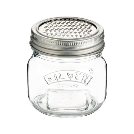 KILNER fine grater with glass container, clear plastic body, 250 ml capacity, perfect for zesting and grating in the kitchen.