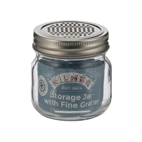 KILNER fine grater with glass container, clear plastic body and stainless steel grating surface for kitchen use.