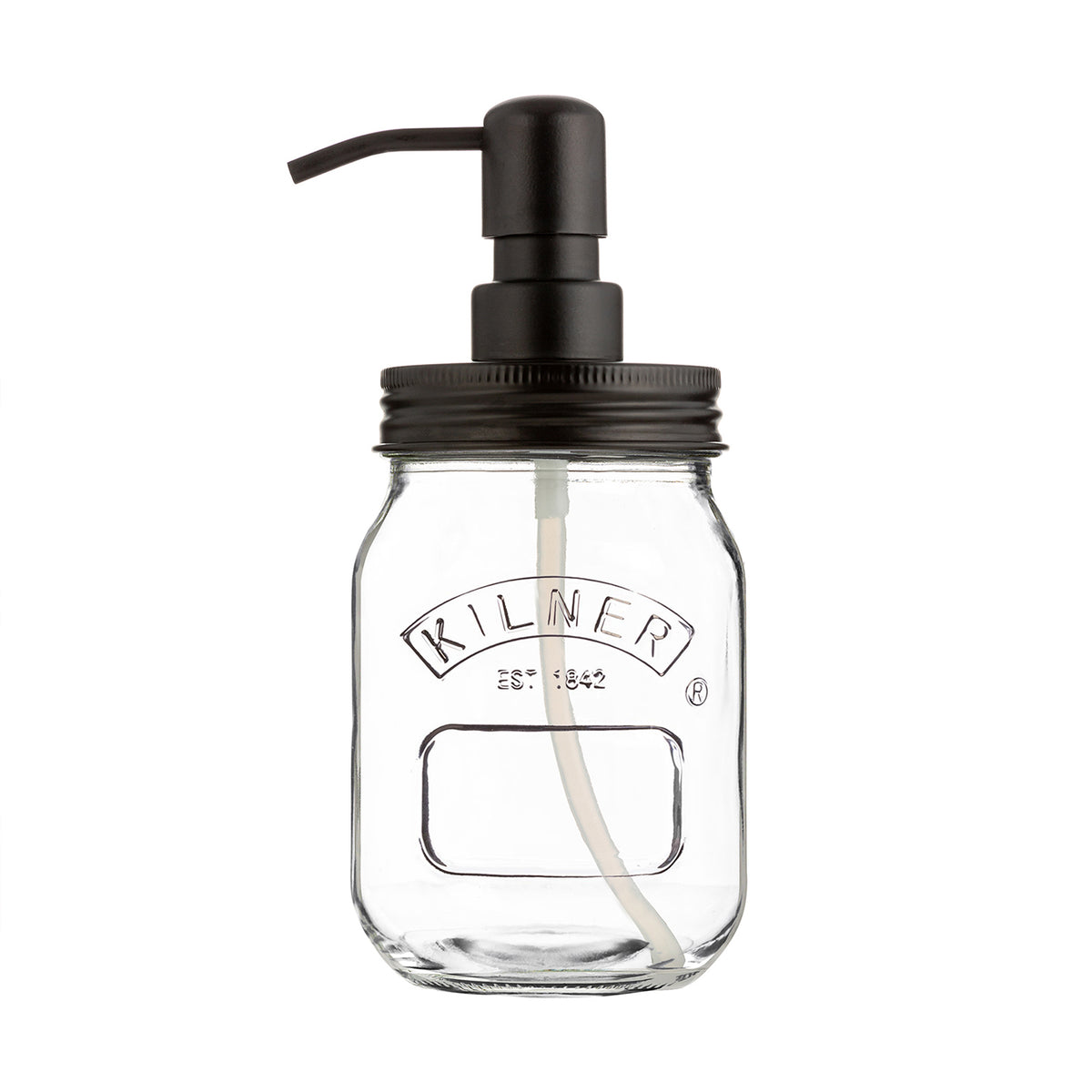 KILNER 0.5-liter soap and lotion dispenser with pump, made of clear glass, featuring a vintage-style design and metal accents.