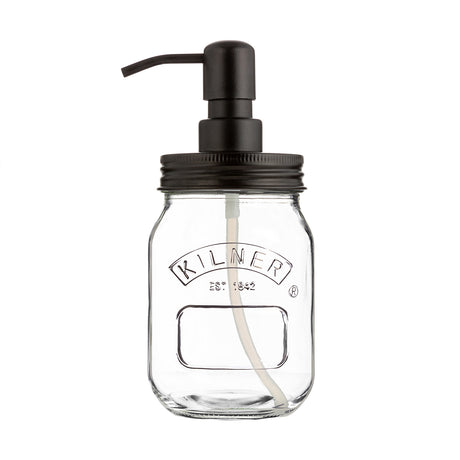 KILNER 0.5-liter soap and lotion dispenser with pump, made of clear glass, featuring a vintage-style design and metal accents.