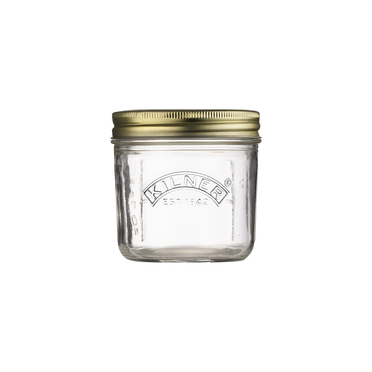 Clear Kilner wide-mouth jam jar for canning and storage, featuring a glass body and metal lid.