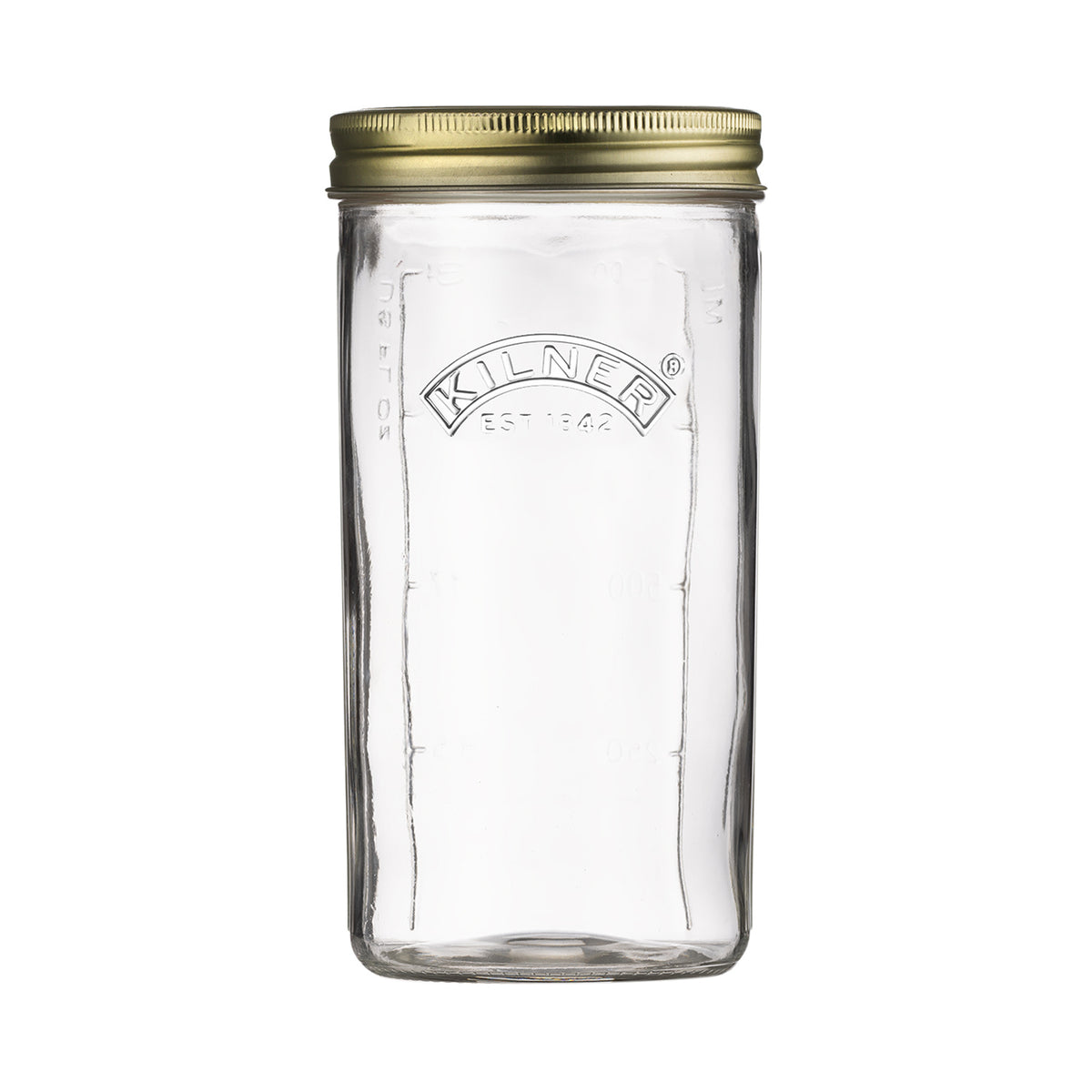 Clear Kilner wide-mouth canning jar with glass lid, ideal for preserving fruits and jams, shown with transparent glass surface.